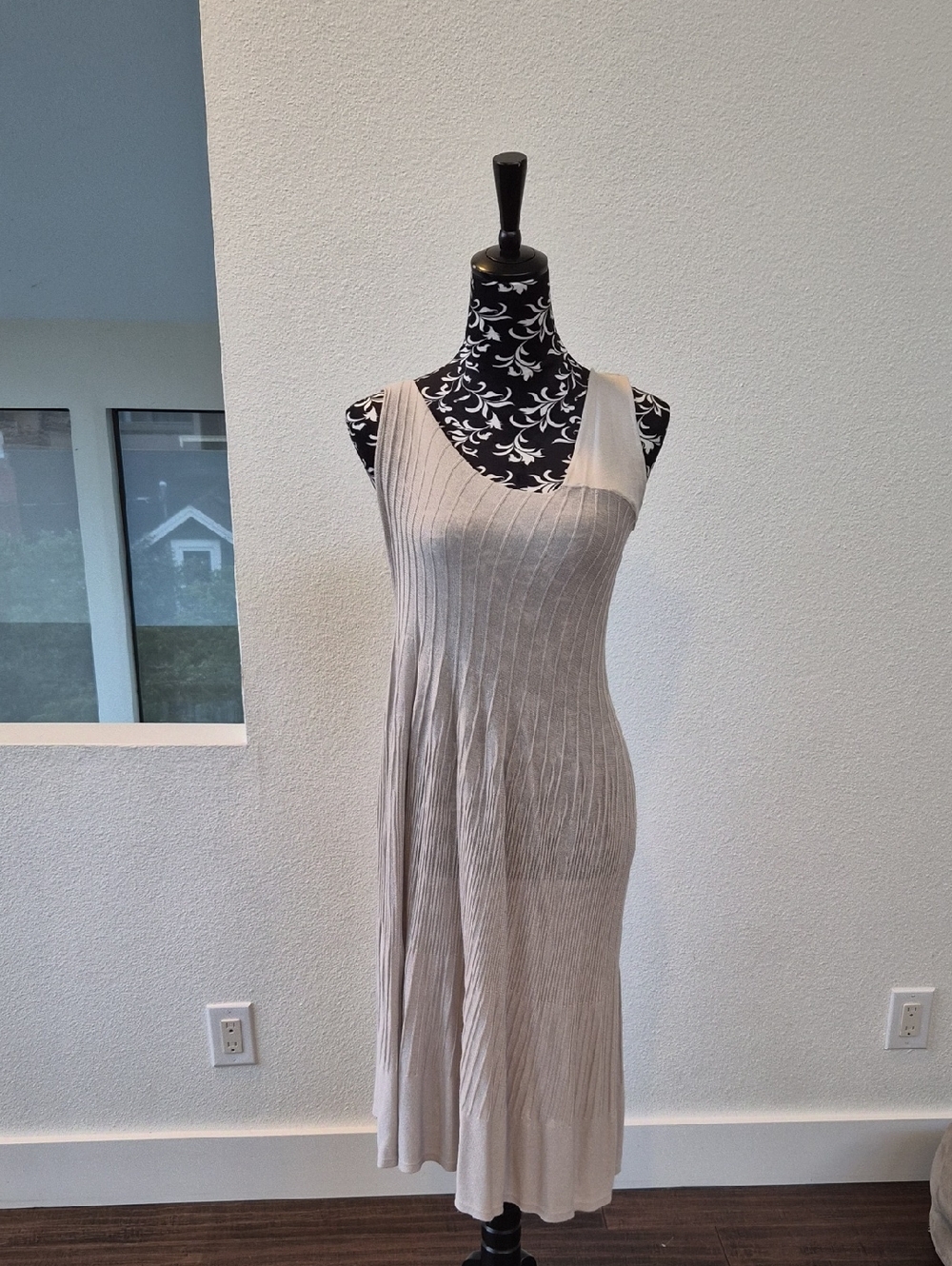 Sleeveless Ribbed Midi Dress in Light Beige
